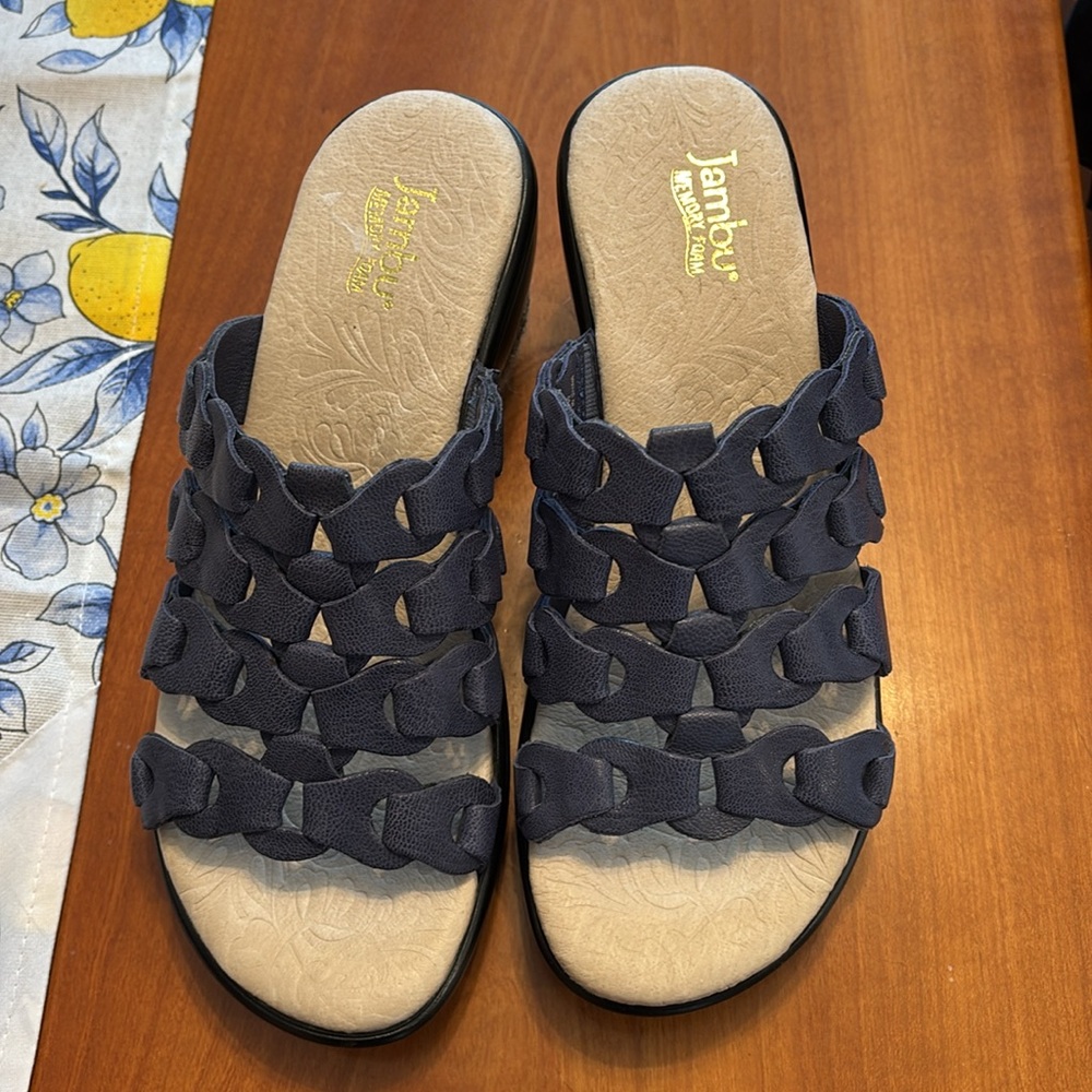 Jambu memory foam leather romance Navy Woven wedge Sandals - Picture 2 of 14